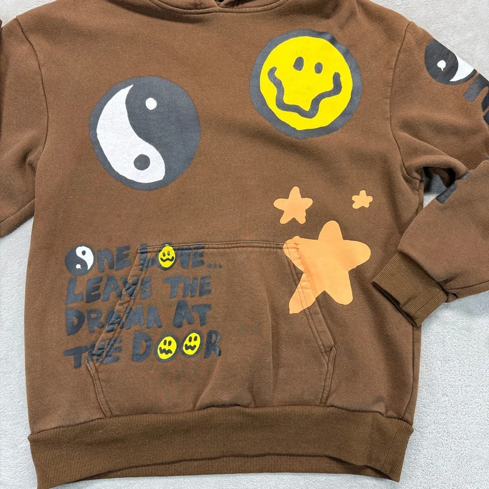 PacSun Sweatshirt Men's Medium Hoodie Brown Smiley Yin Yang One Love Streetwear‎ - Picture 2 of 9